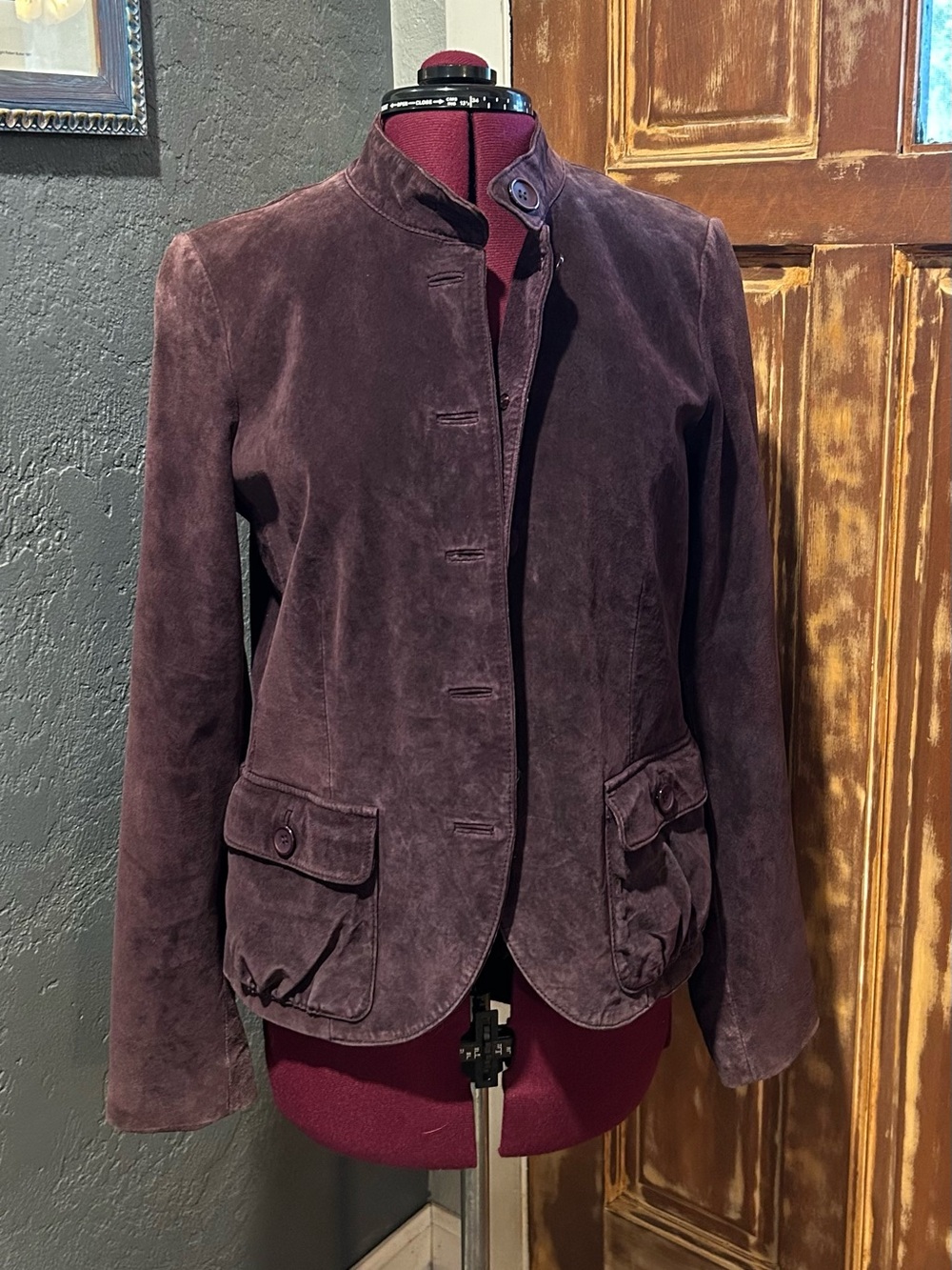 Vintage Cache’ Plum Suede Genuine Leather Stand-Collar Blazer